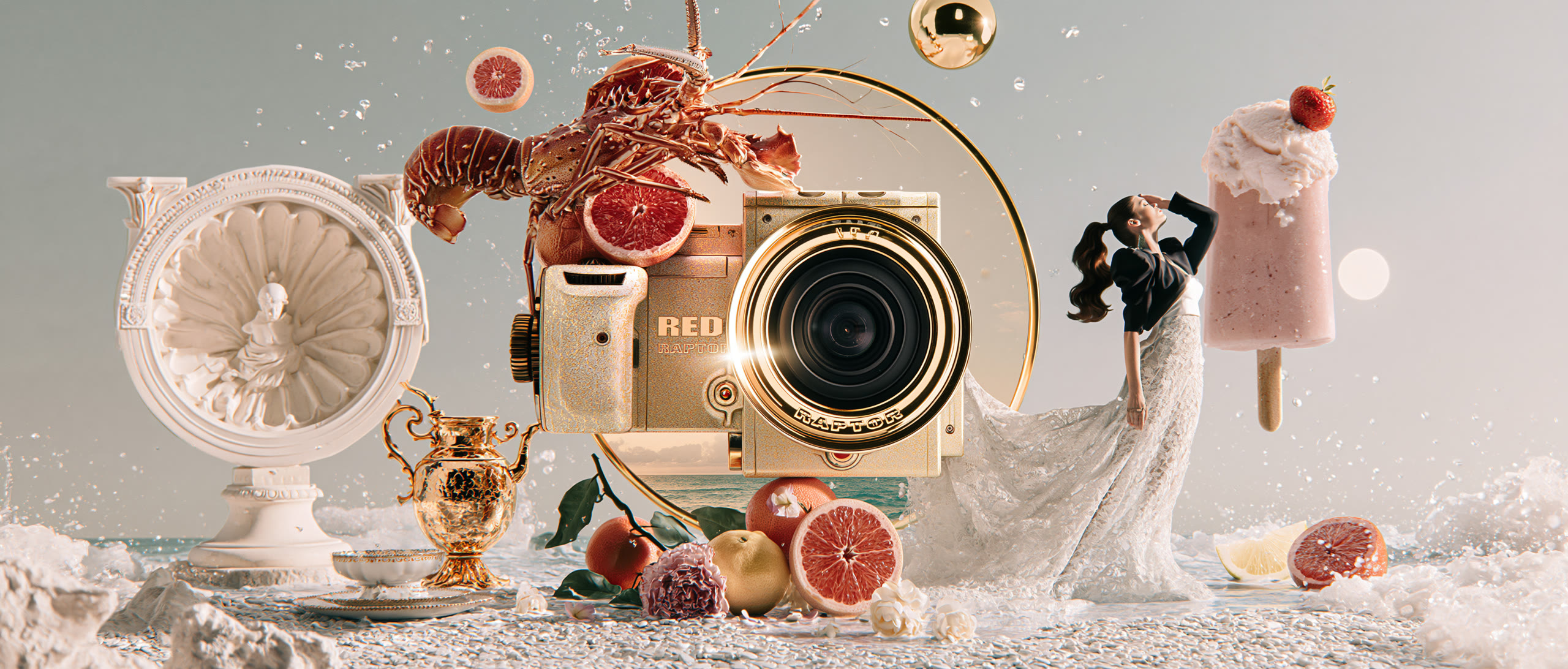 Surrealist still-life: a gold RED cinema camera among lobsters, grapefruit and a bride by the sea