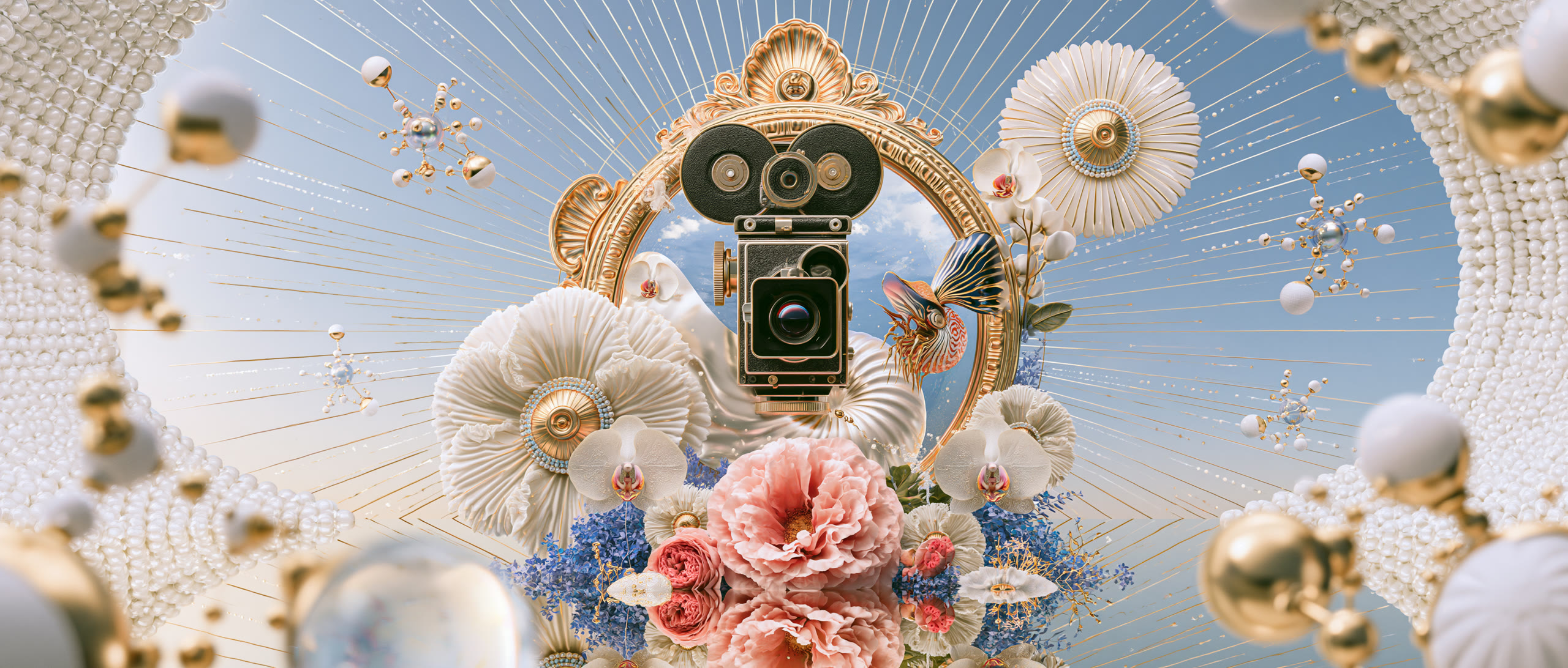 A vintage gold cinema camera framed by a gilded mirror against a blue sky