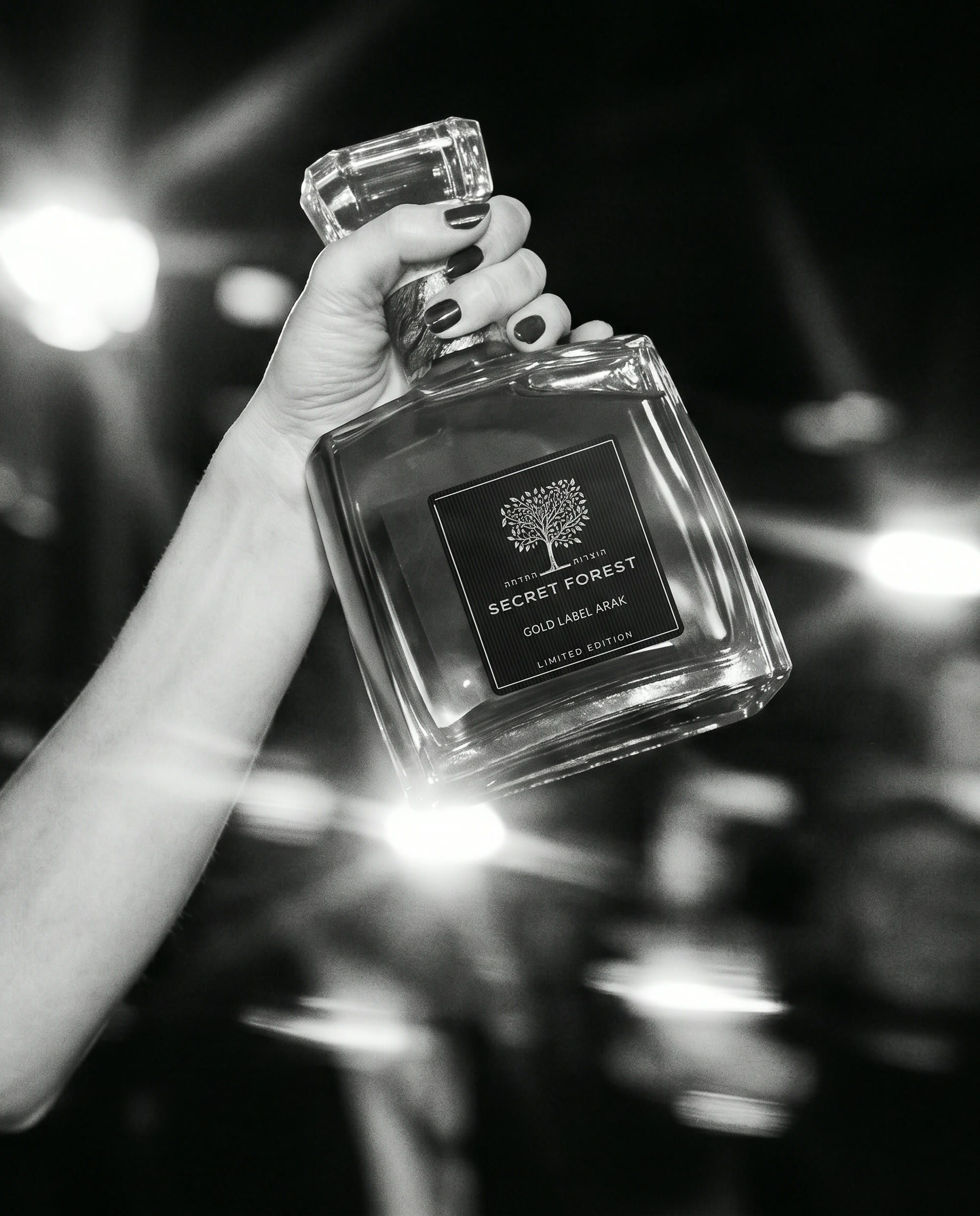 Black-and-white flash photograph of a hand holding the BLISS bottle