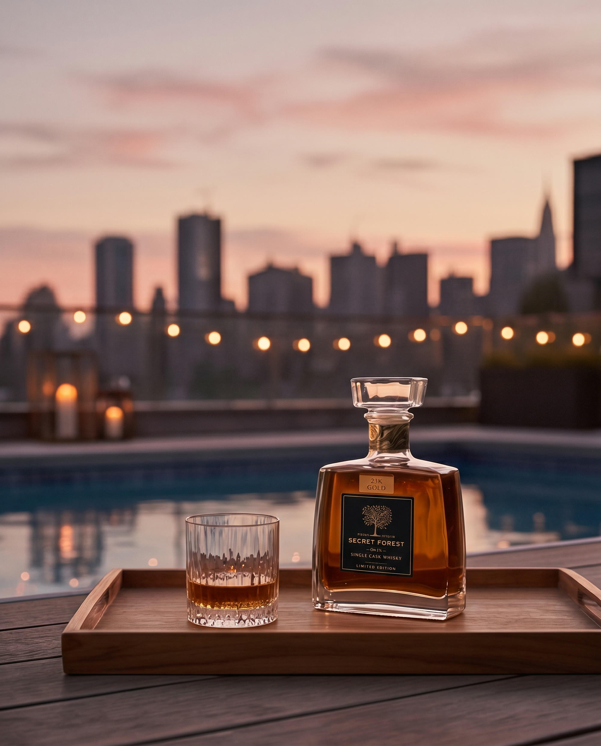 BLISS bottle and glass by a rooftop pool at dusk