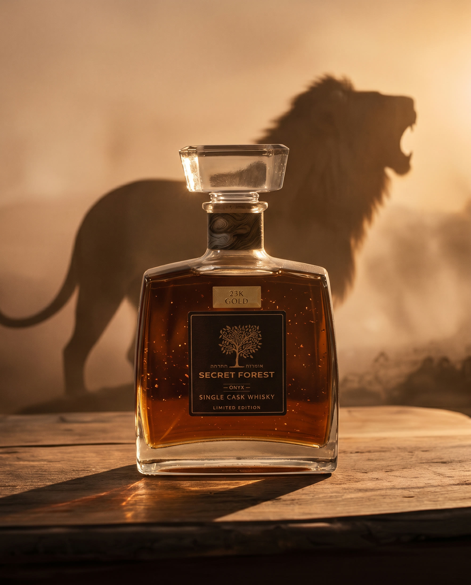BLISS — luxury whisky bottle before the shadow of a roaring lion