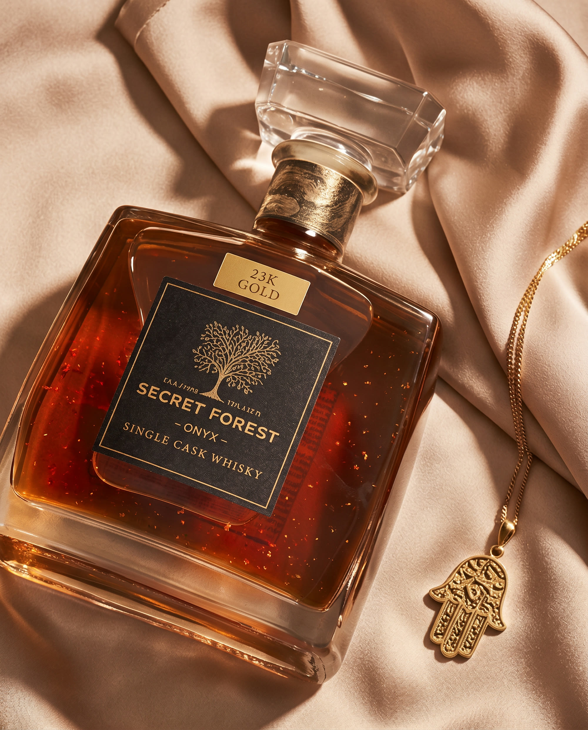 BLISS bottle flat-lay on champagne silk with a gold hamsa pendant