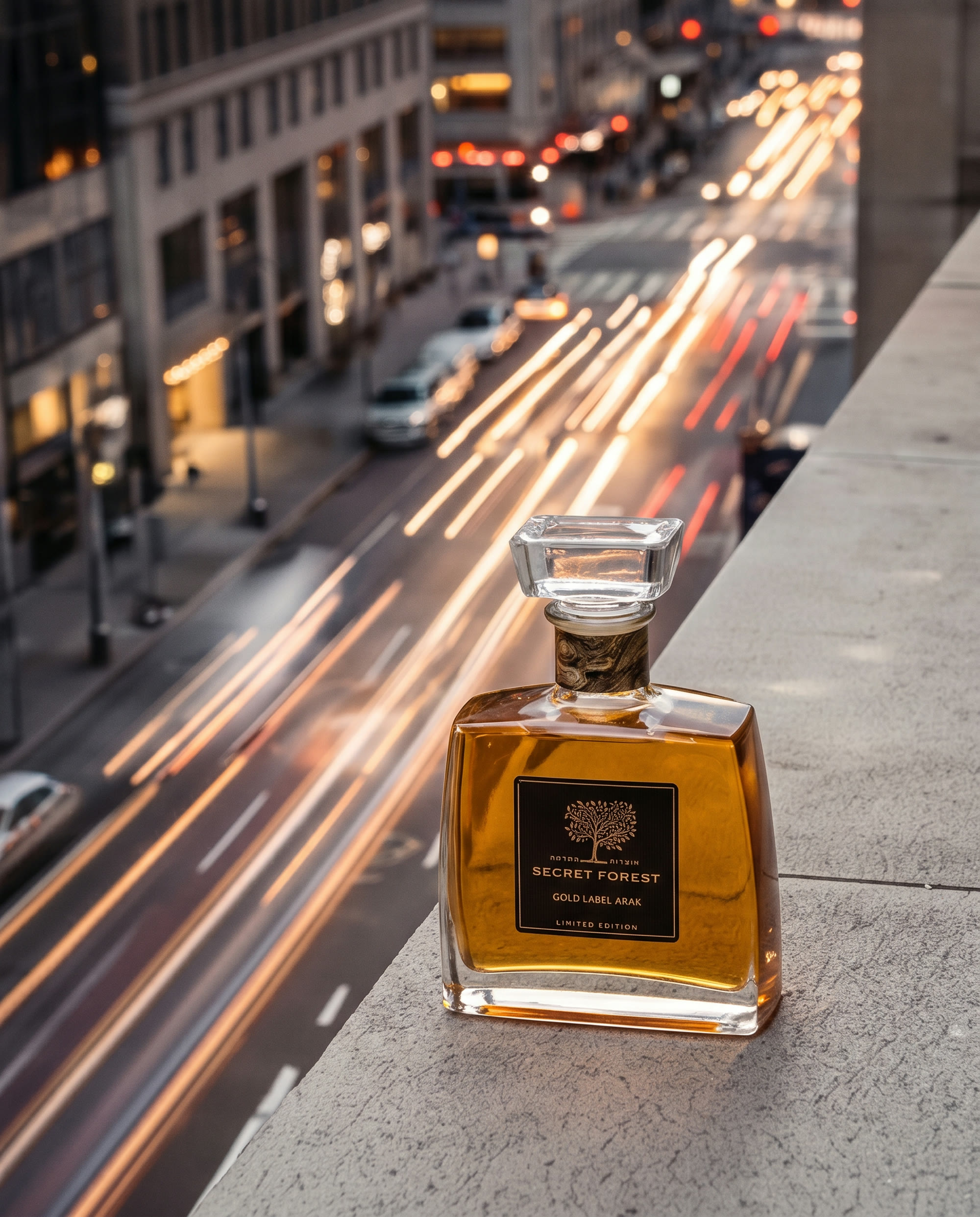 BLISS bottle above rush-hour light trails