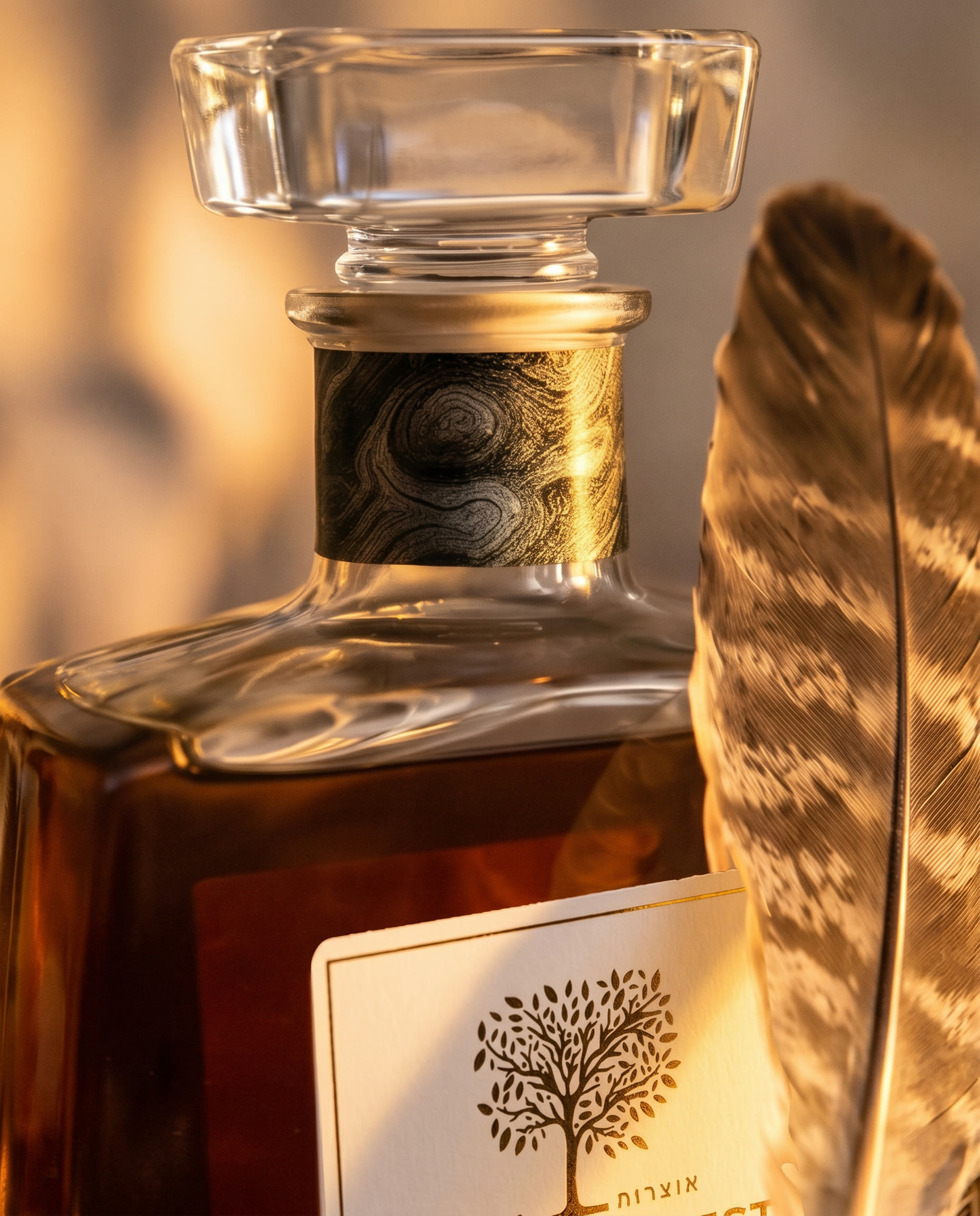 Close-up of the bottle with a pheasant feather