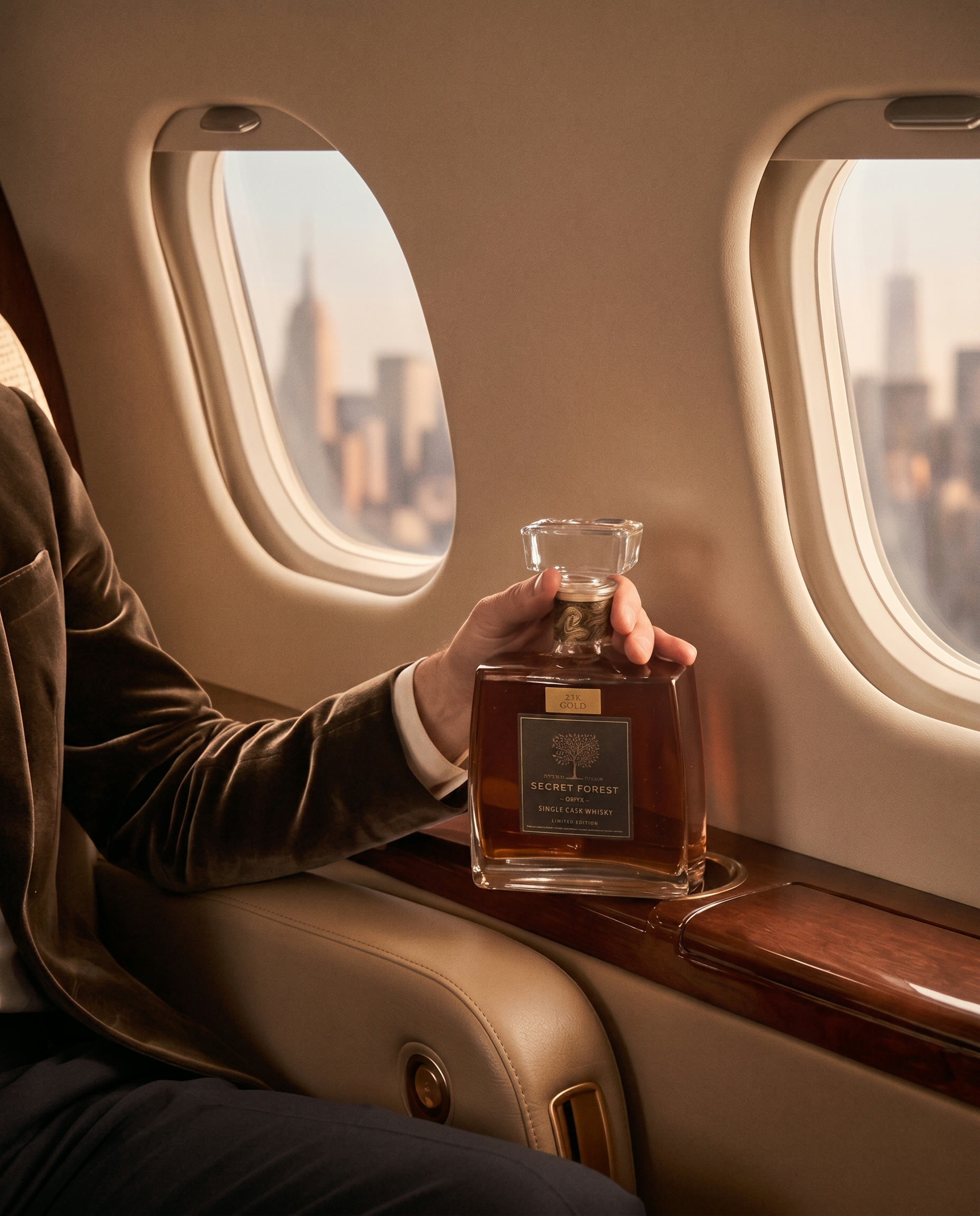 A hand steadies the bottle beside private-jet windows