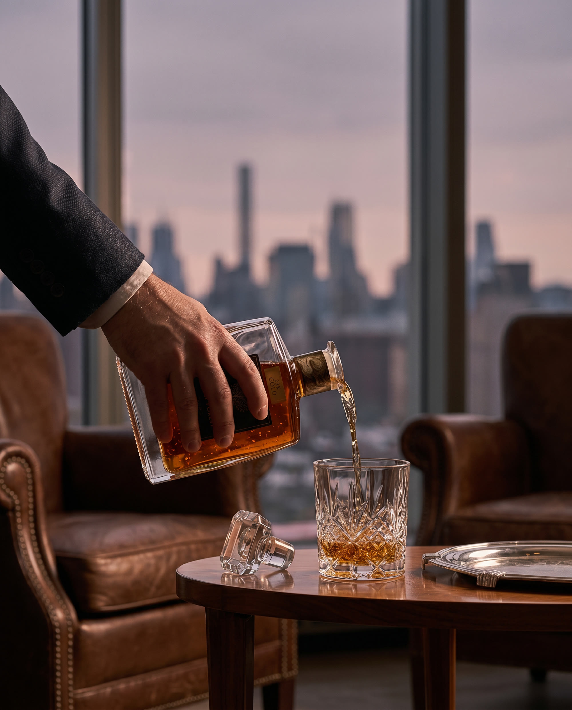 Pouring BLISS into a crystal tumbler above the city