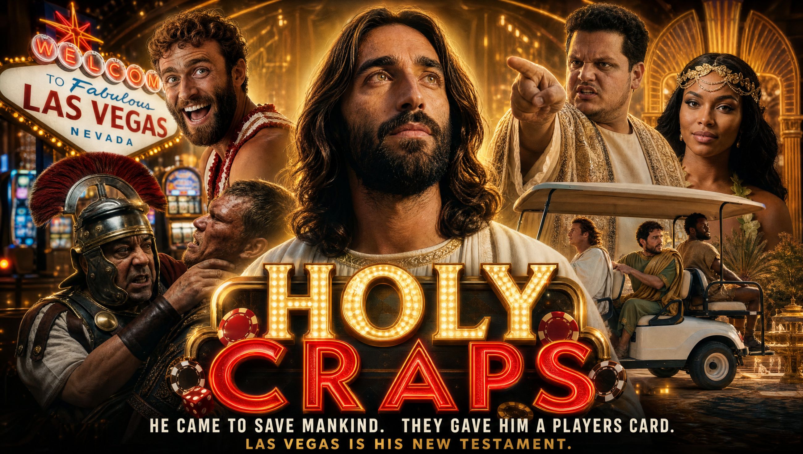 Holy Craps key art — Jesus in a golden Las Vegas casino surrounded by apostles, Roman guards and slot machines