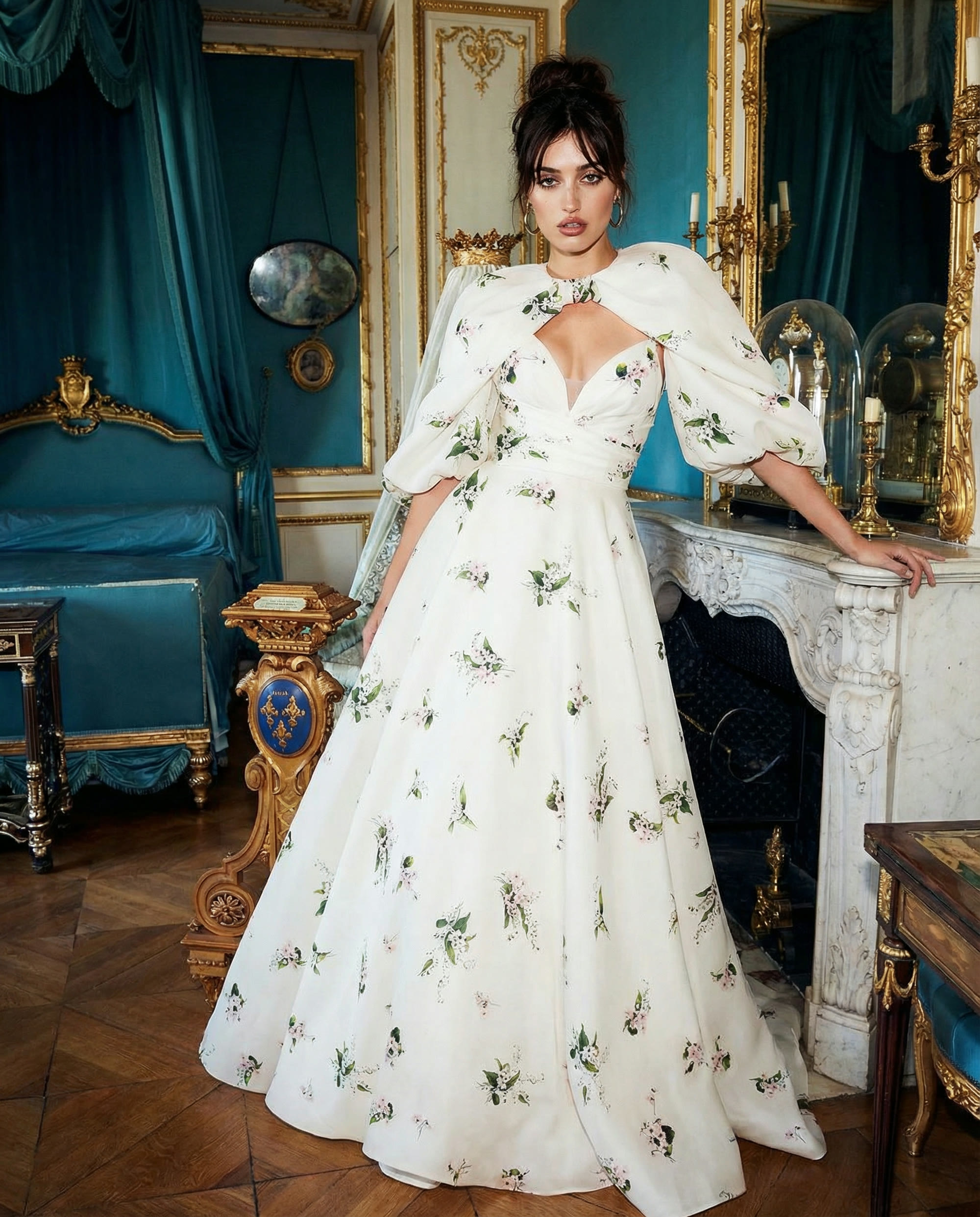 Full-length gown in the blue salon, train spread across parquet