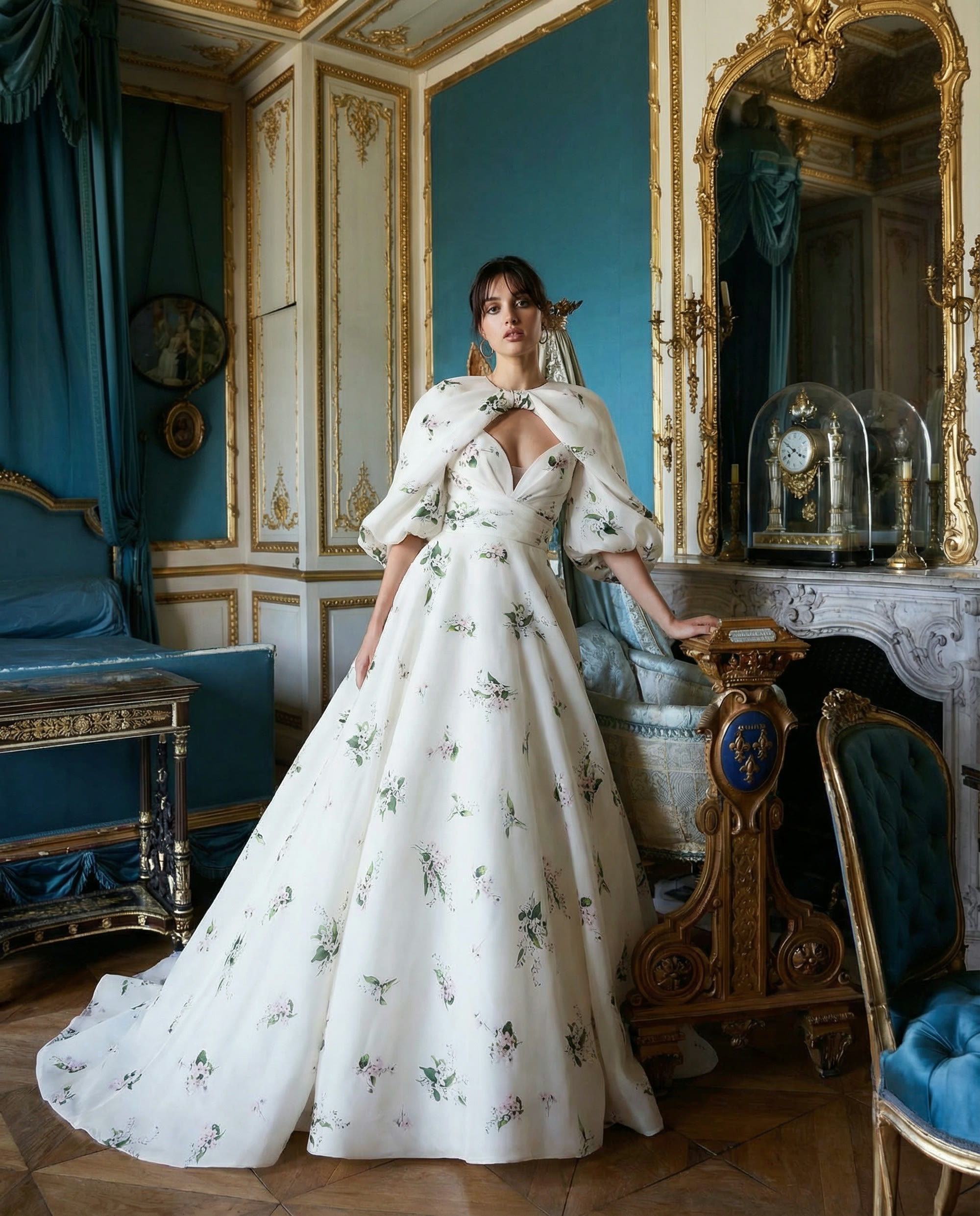 A bride in a floral-print gown in a blue French salon with gilded mirrors