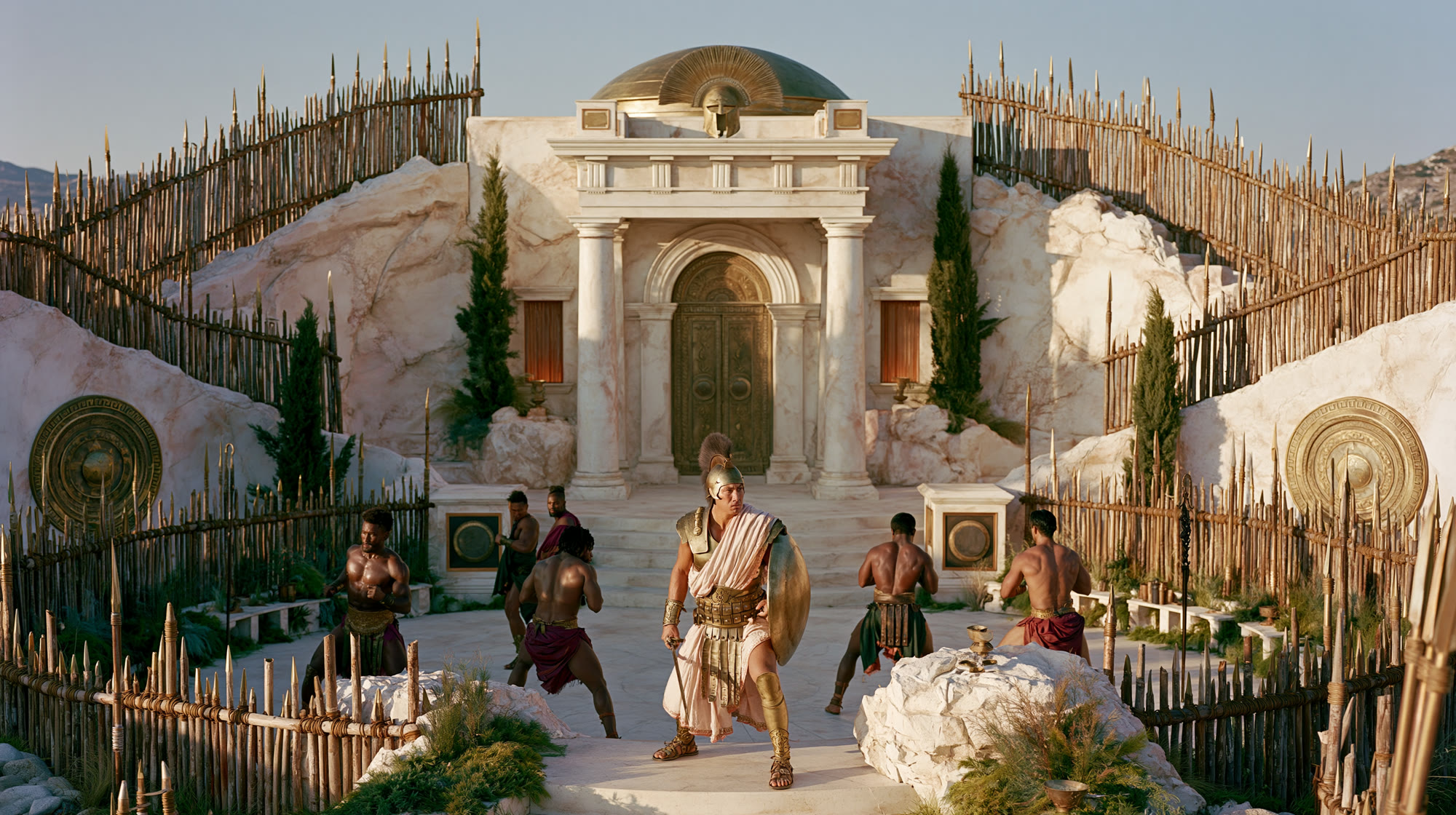Greek soldiers walk through a fortified white-stone gate
