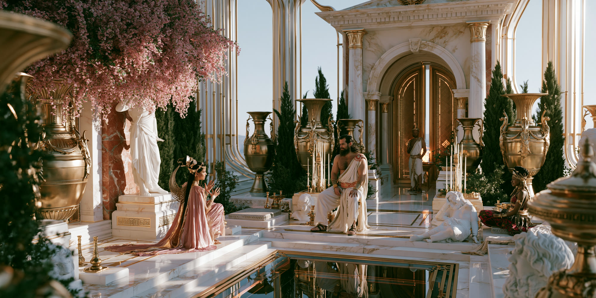 The Empress receives Lysandre in a hall of silver columns
