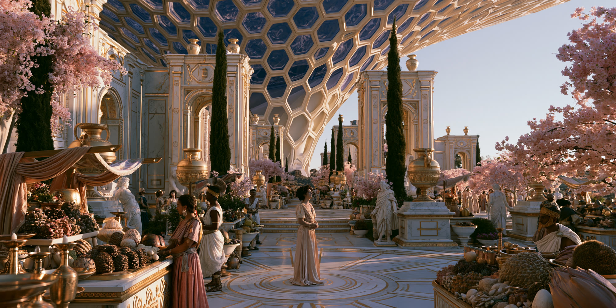 Citizens of Olygon gather beneath the lattice canopy