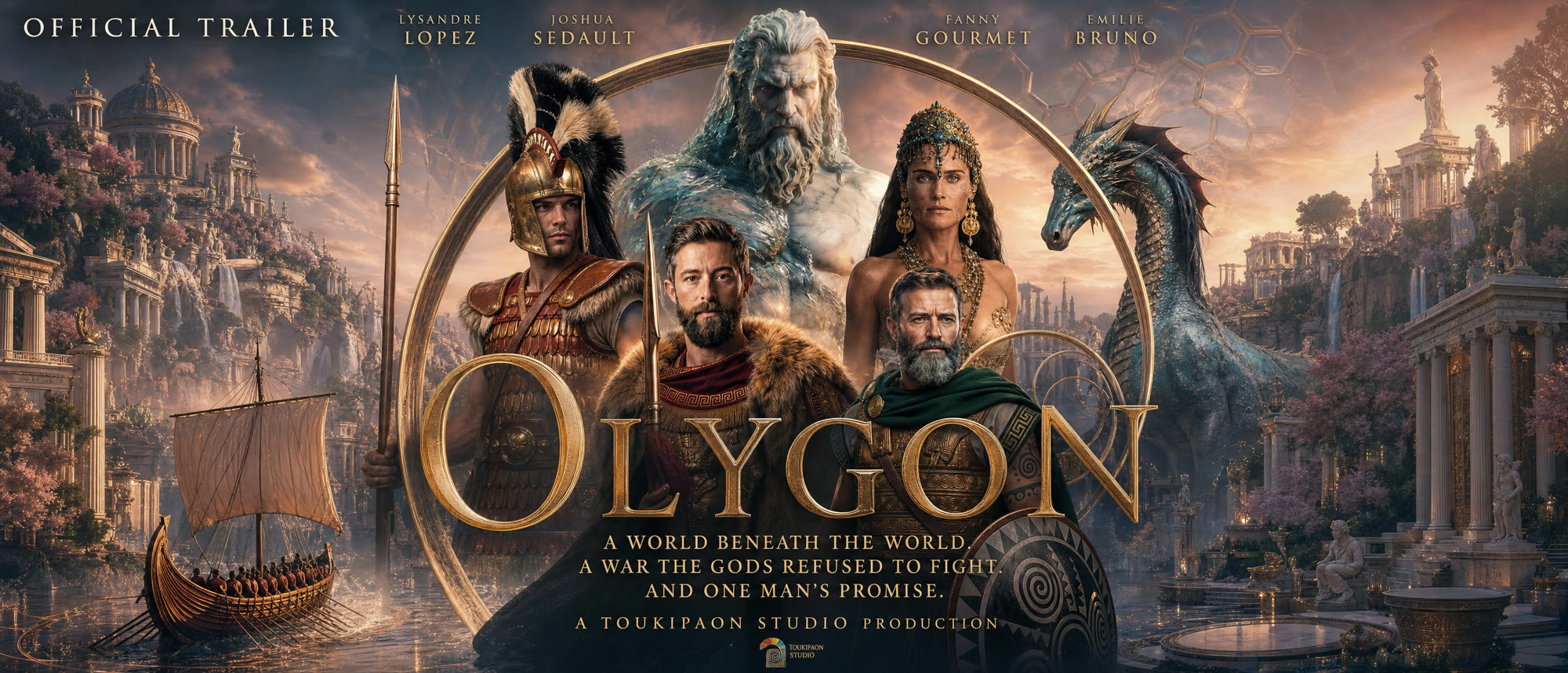 Olygon official trailer poster — Lysandre and his commanders before Poseidon, the Empress and a sea dragon