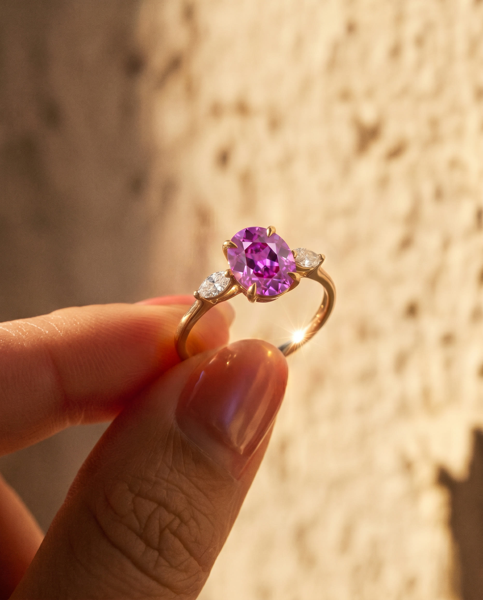 An amethyst ring held to the light